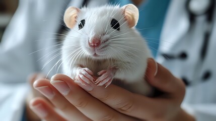 White pet rat with pink nose and ears sitting in caring hands, close-up portrait showing gentle expression and whiskers against blurred background.
