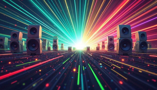 Multiple audio speakers emit vibrant colorful laser light beams. Dynamic sound waves travel through futuristic space. Intense energy pulses from sound system.