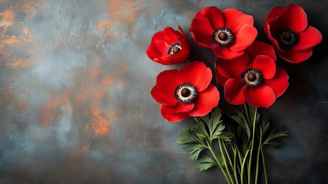 Red anemone flowers with dark centers and green stems on dramatic textured dark background with copper highlights. Floral arrangement for remembrance themes.