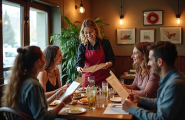 Waitress serves menu to group of friends in restaurant. People sit at table with food, drinks. Woman in red apron offers menu to customers. Friends smiling, looking at menu. Dining room with modern