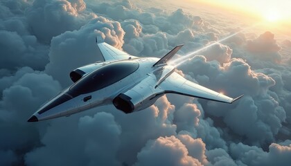 Naklejka premium Futuristic silver spaceship flies through cloudy sky. Aircraft soars above fluffy white clouds at sunrise. Hypersonic plane explores new world.