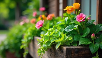 Overflowing Rustic Planter Box Lush Green Bedding Plants Create a Vibrant Spring Display, Perfect for Garden and Home Decor