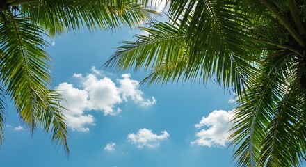 Palm fronds frame sunny blue sky with fluffy white clouds