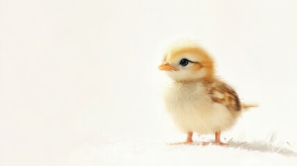 Obraz premium A fluffy baby chick tilting its head curiously on a white background.