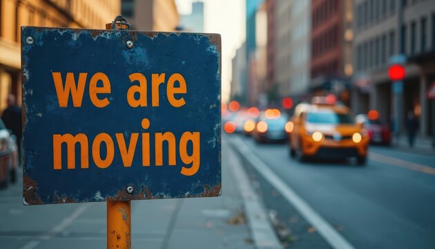 Weathered blue sign with orange text we are moving on city street. Sign is worn and rusty. City traffic with cars and taxi in background. Urban landscape with buildings and road.