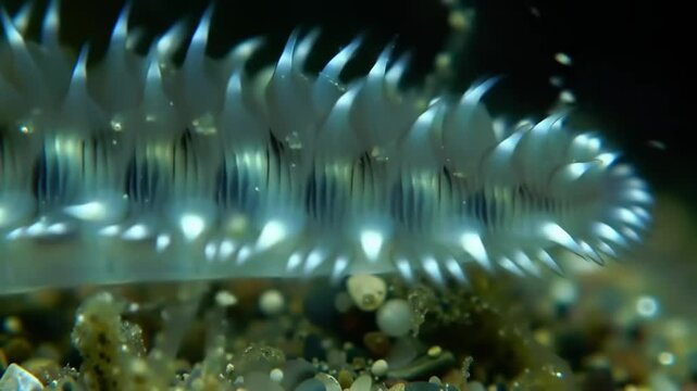 Close up of a segmented aquatic invertebrate with glowing details