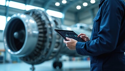 Aircraft mechanic uses tablet computer for jet engine inspection. Engineer checks turbine data in hangar. Professional analyzes mechanical system for aviation safety.