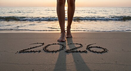 Bare feet stand on a sunlit beach with 2026 written in the sand, golden light reflects on gentle ocean waves during a serene sunset.