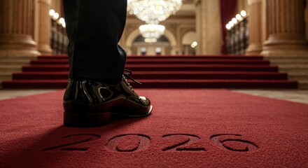 A person's patent leather shoe stands on a vibrant red carpet with the year 2026 embossed, leading towards a grand staircase in a luxurious, dimly lit hall.