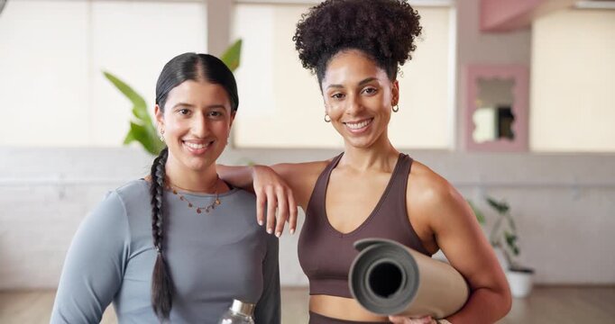 Happy, pilates and face of friends in studio for health, fitness and self care workout. Wellness, confidence and holistic exercise with people in yoga class or club for session, happiness and peace