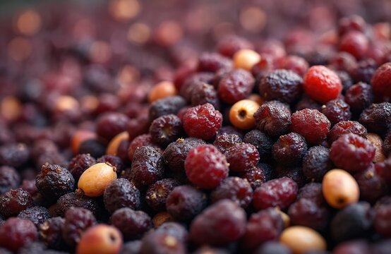 Closeup on pile of grape pomace after pressing. Grapes seeds, skins texture. Wine making residue background. Winery waste management concept. Sustainable winemaking from grape marc in autumn season.