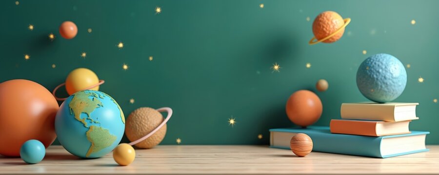 Educational illustration with colorful planets books stars set on desk against chalkboard background. Concept for learning knowledge universe astronomy space. Design for education. Creative artwork. - Powered by Adobe