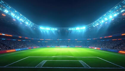 Vast futuristic stadium glows with intense blue light. Empty soccer field awaits championship match. Modern arena design features bright spotlights, tiered seating. Digital illustration shows sport