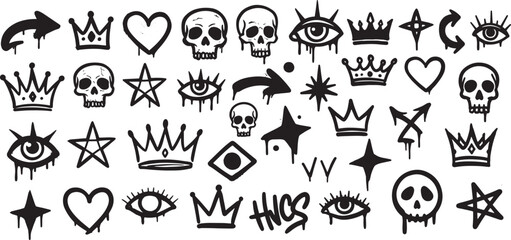 Grunge graffiti-style black ink icons including skulls, hearts, eyes, crowns, arrows, and stars, hand-drawn with dripping paint effect and bold lines on transparent background. 