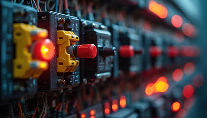 Close-up view of electrical panel with red indicators, buttons and wires. Tech equipment in a industrial setting is displayed. Power distribution unit with switches and circuit breakers.