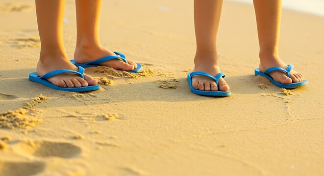 People wearing blue flip flops standing on beach sand near the shoreline