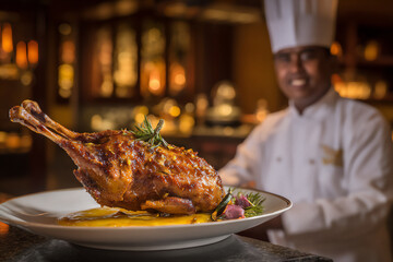 chef presenting elegant roasted duck t: chef, roasted duck, duck, gourmet, plating, presentation