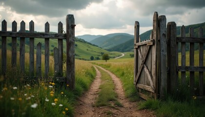 Obraz premium Old wooden gate opens to dirt path in green hills and fields. Cloudy sky, mountains, trees, flowers and grass along road. Countryside landscape.