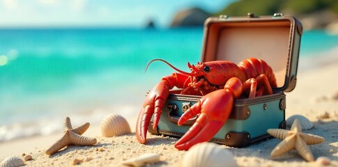 Relaxed Lobster in Tiny Suitcase Ready for Summer Vacation Seashell and Starfish Seaside Adventure
