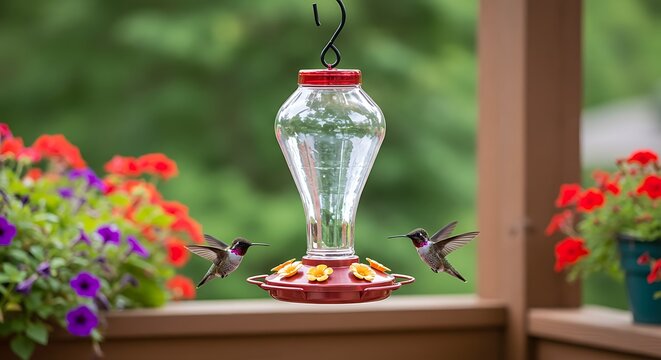 Hummingbirds approach a decorative bird feeder with vibrant red flowers nearby - Powered by Adobe