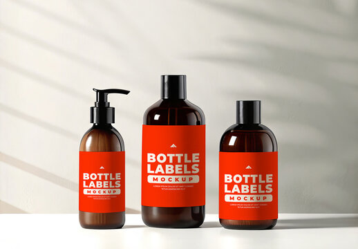 Set of Three Amber Glass Cosmetic Bottles Mockups with Pump and Dropper Lids