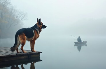 German Shepherd dog stands on wooden pier over calm lake river on foggy autumn morning. Dog looks out. Silhouette of fisherman in small boat on water. Peaceful landscape with trees in background. Dog