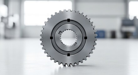 Detailed close up of a metallic gear wheel in a bright setting.