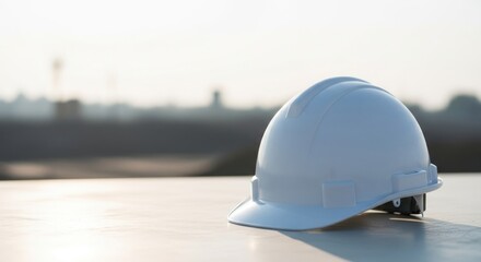 White safety hard hat resting on a surface with blurred background.