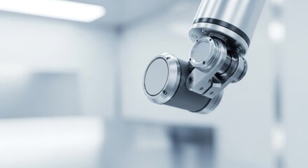Close up of metallic robotic arm joint in sterile environment