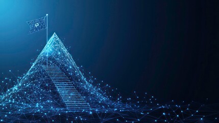 Abstract digital mountain with a flag and stairs