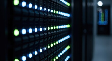 Server rack with glowing blue and green status indicator lights.