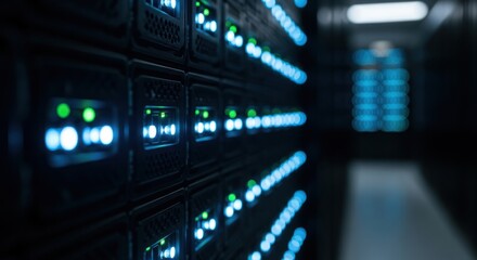Server rack with glowing blue and green indicator lights in dark room.