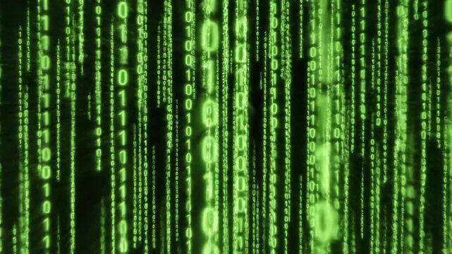 Green digital rain of binary code cascades down a dark background, evoking technology and data flow.