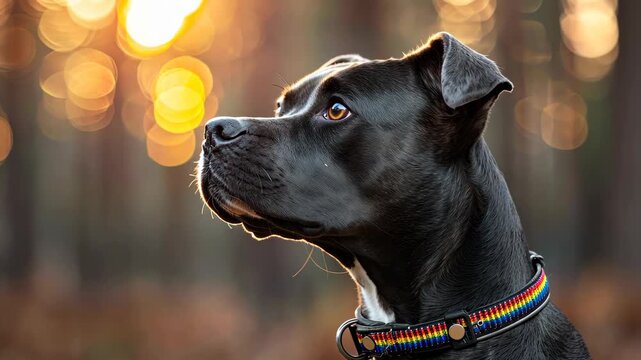 Loyal gaze of a Canine: A dignified black canine with a regal posture gazes intently into the distance, its sleek coat gleaming in the warm light of the setting sun. Evoking trust and companionship.