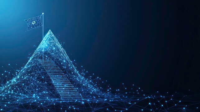 Abstract digital mountain with a flag and stairs