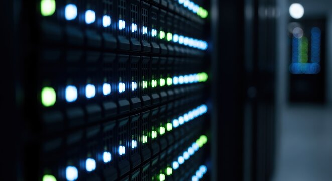 Server rack with glowing blue and green status indicator lights.