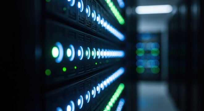 Server racks glow with blue and green status indicator lights in a dark room.