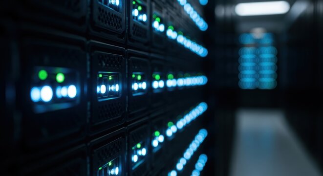 Server rack with glowing blue and green indicator lights in dark room.