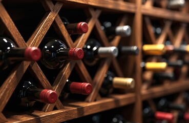 Wooden wine rack filled with various red and white wine bottles. Bottles are neatly stored in a cellar or store. Alcohol collection shows diverse drink options.