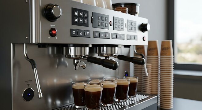 Professional espresso machine brewing coffee with paper cups side view