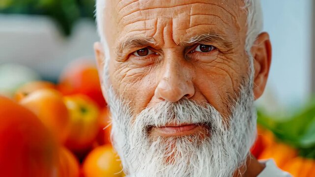 A Portrait of Experience: A close-up view of an older man's face, displaying a lifetime of stories. His piercing gaze and distinguished silver beard reveal his wisdom