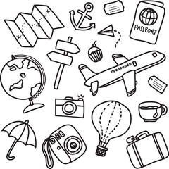 Hand drawn travel doodle icon set. Includes airplane, globe, map, passport, suitcase, camera, hot air balloon, and anchor. Perfect for vacation and adventure design projects.
