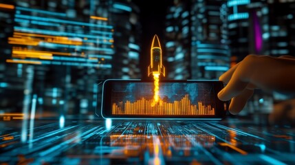 A smartphone launches into the future, symbolizing growth and success in the digital age
