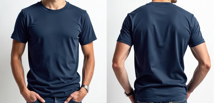 Front back views of navy blue t shirt mockup on male model against white background. T shirt template for design. Casual wear apparel. Fashion concept.