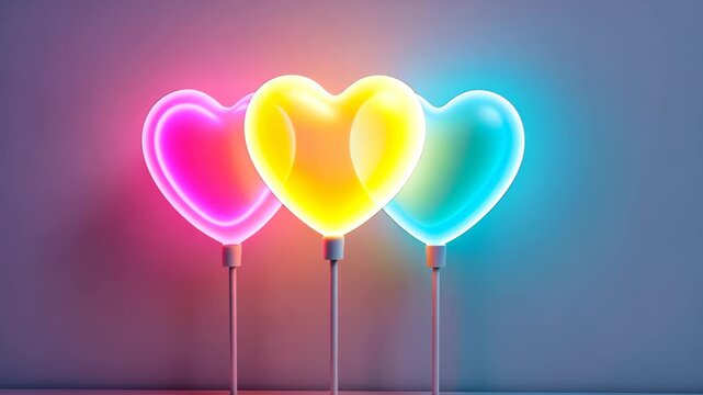 Neon Hearts Radiating Love: Three vibrant neon hearts of pink, yellow, and blue emit a warm glow, casting a spell of romance and affection. A delightful symbol of affection and fondness.