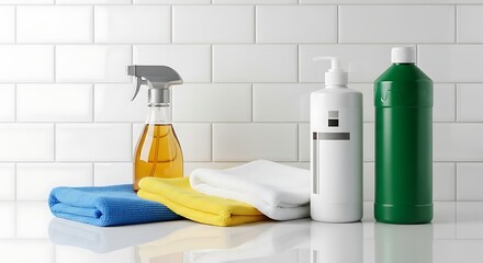 Clean Essentials: A curated collection of cleaning supplies sits pristine, ready to transform the space with a refreshing experience. 