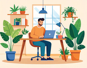 Fototapeta premium Illustration vector art of man at desk with laptop, surrounded by potted plants indoors