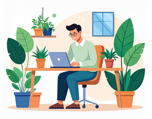 Illustration vector art of man working on laptop at a desk surrounded by plants