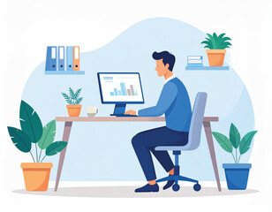 Fototapeta premium Illustration vector art of man working on computer with charts on screen