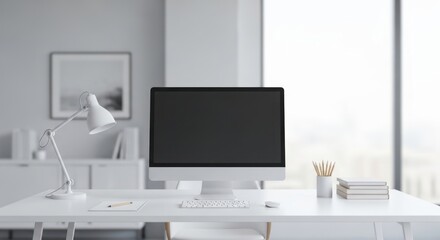 Minimalist white office desk with computer monitor and supplies indoors.